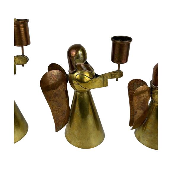 4 Brass and Copper Primitive Angels Candle Holders Hand Made Vintage - Picture 6 of 10